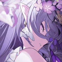 a drawing of a girl with purple hair and flowers on her head