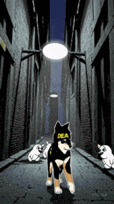 a dog with the word dea on its head stands in a dark alleyway