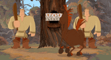 a cartoon drawing of two men standing next to a horse with a sign that says ' a ' on it
