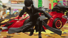 a video game character with a red car in the background is running