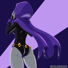 a drawing of raven with a purple cape and a belt