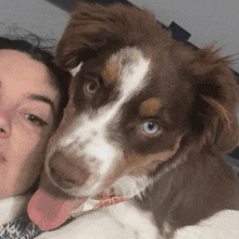 a brown and white dog laying next to a woman
