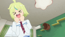a cartoon character with yellow hair and a red tie