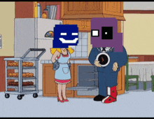 a cartoon of a man and a woman in a kitchen with a smiley face on their faces