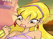 a cartoon character with a purple headband and earrings