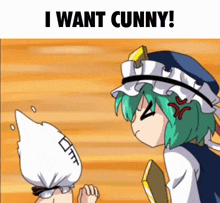 a cartoon of a girl with green hair standing next to another girl with a white pillow on her head .