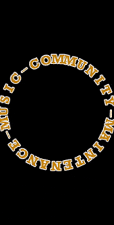 a gold circle with the words community music written in white