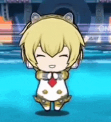a cartoon character with a cat ear headband is dancing on a blue background .
