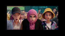 three cartoon characters are standing next to each other and one of them has a pink hoodie on