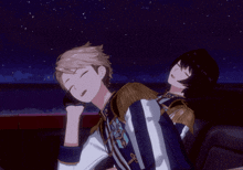 a couple of anime characters laying on a couch under a starry night sky