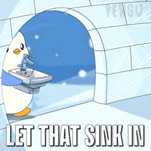 a cartoon of a penguin washing its hands in a sink