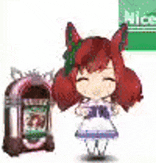 a little girl is standing next to a jukebox on a white background .