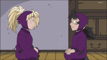 two cartoon characters are sitting next to each other with nhk written on the bottom left