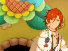 a cartoon character with red hair and green eyes smiles in front of a flower