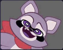 a close up of a cartoon cat with purple eyes and a red scarf around its neck .