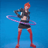 a girl with red hair is holding a hula hoop in her mouth