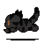 a pixel art of a black cat with orange eyes laying down on the ground .