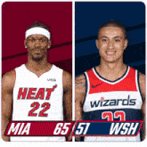 two basketball players wearing heat and wizards jerseys