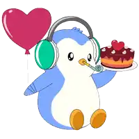 a penguin wearing headphones is holding a cake