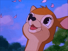 a close up of a cartoon deer with pink petals flying in the sky