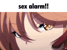 a close up of a girl 's eyes with the words sex alarm written above it