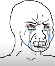 a drawing of a bald man crying with tears coming out of his eyes .