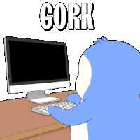 a cartoon penguin is typing on a keyboard in front of a computer screen that says " cork "