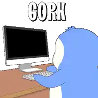 a cartoon penguin is typing on a keyboard in front of a computer screen that says " cork "