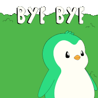 a green penguin is standing in front of a grassy field with the words bye bye written on it