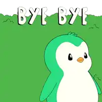 a green penguin is standing in front of a grassy field with the words bye bye written on it