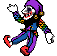 a pixel art drawing of a clown wearing a purple hat and rainbow colored pants .
