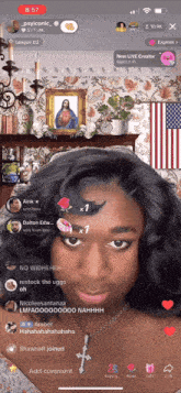 a screenshot of a woman 's face on a phone with the time of 8:57 on it