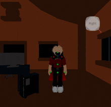 a cartoon character is standing in a dark room with a right sign above him
