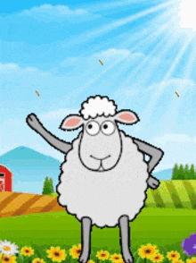 a cartoon sheep is standing in a field with flowers and a red barn in the background