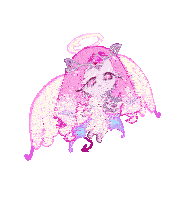 a cartoon character with pink hair and wings is holding a sword .