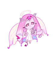a cartoon character with pink hair and wings is holding a sword .