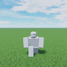 a white roblox character is standing in the grass with a smile on his face