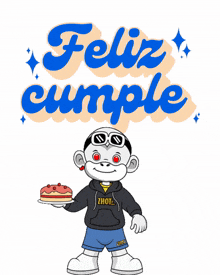 a feliz cumple sticker with a monkey holding a pizza