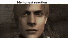 a close up of a man 's face with the words `` my honest reaction '' written below it .