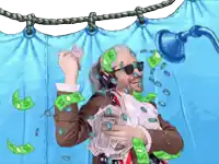 a man in a bathtub with money falling around him