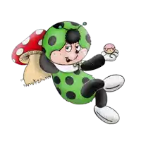 a ladybug with a mushroom on its back is holding a cupcake