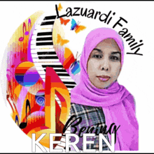 a woman wearing a purple scarf is surrounded by music notes and a piano keyboard
