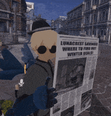 a cartoon character is reading a newspaper titled lunacrest savings where to find hot winter deals