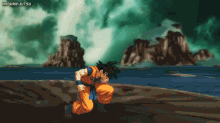 a pixel art of goku from dragon ball z running in front of a body of water