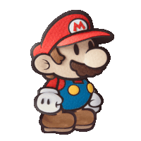 a paper mario with a red hat and a white m on it