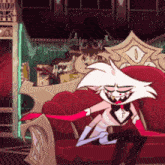 a cartoon character is sitting on a red couch in a dark room .
