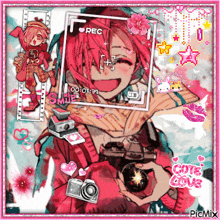 a picture of a girl with pink hair holding a camera with the words cute love on the bottom