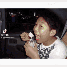 a young boy is eating ice cream in a car with a tiktok watermark