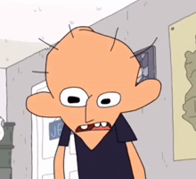 a cartoon character with a bald head standing in front of a door that says jf