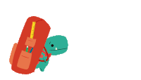 a cartoon of a dinosaur carrying a red pencil case with a ruler on it
